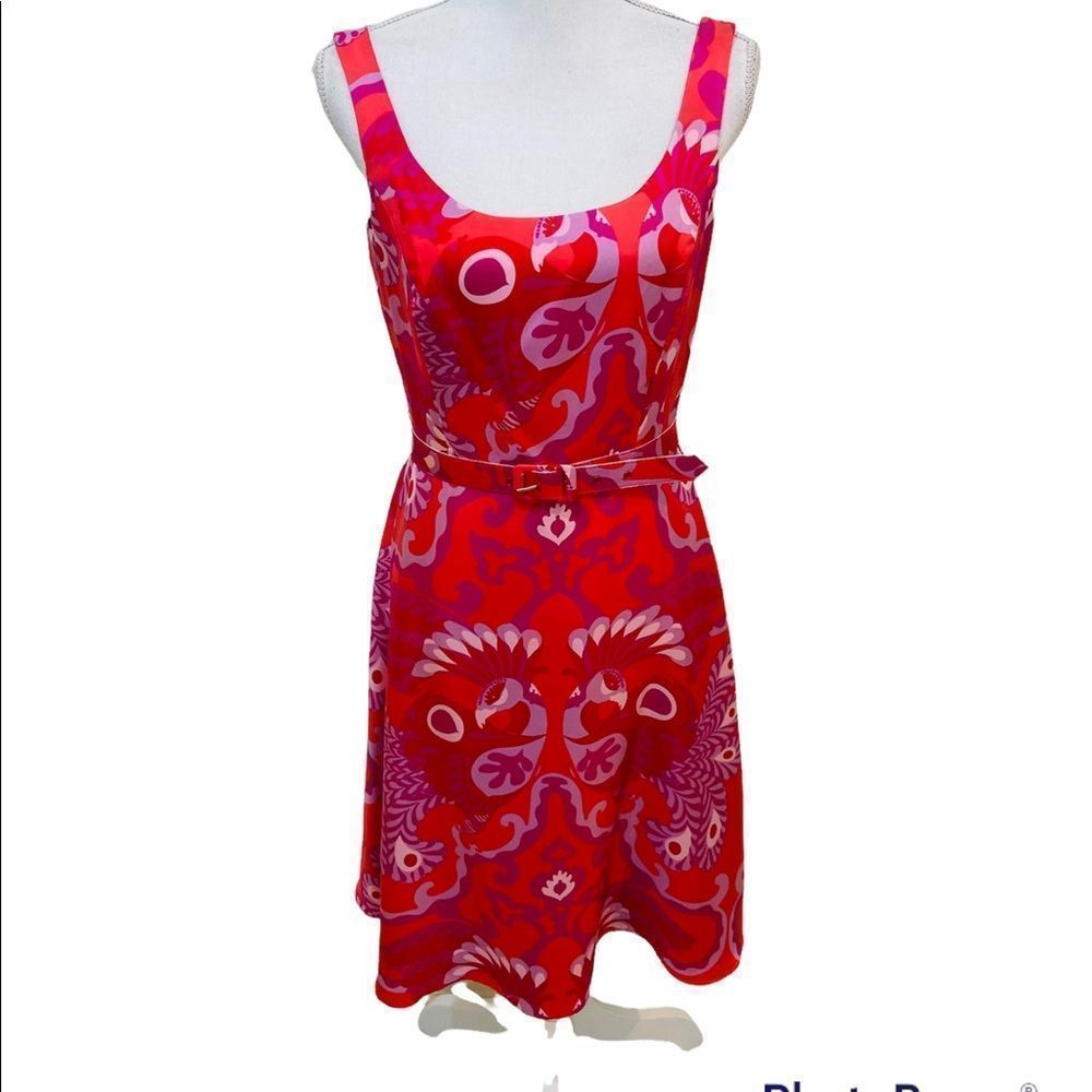 Jane street 100% silk sleeveless belted dress peacock print pinks & lavender 6